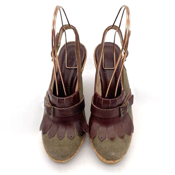 Frye Pepper Kiltie Wedge Sandals Sz 6 Brown Leather Canvas Cork Slingback Buckle - Picture 12 of 16